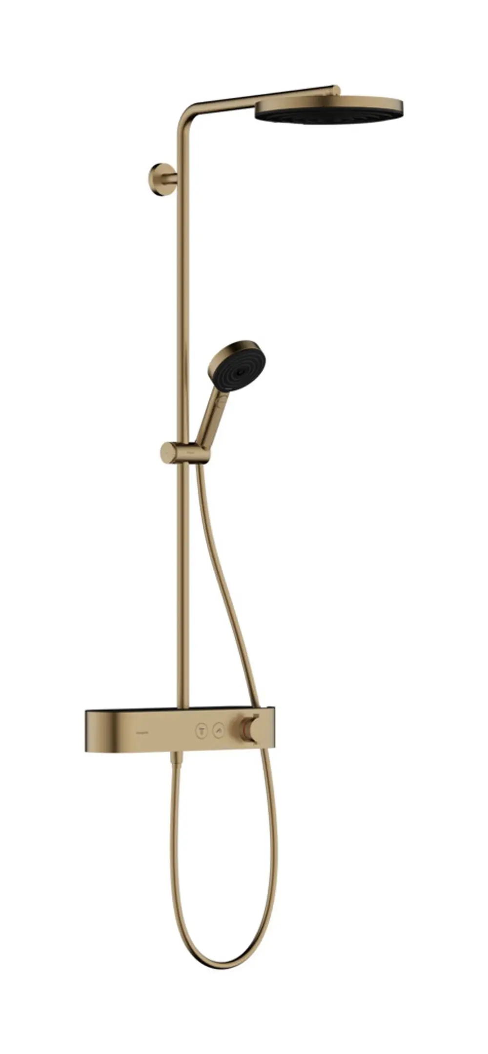 Hansgrohe-Duschsystem mit regentropfenähnlichem Kopfbrause, Handbrause und Steuerungseinheit in gebürstetem Bronze-Finish an einer Wandmontage.